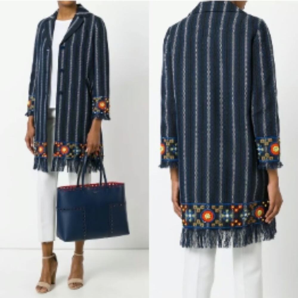 Tory Burch Luna Embellished Striped Coat Navy Blue Fringed Beaded Boho Jacket 4